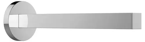 Ein modernes, glänzendes Türgriff-Design mit einer runden Basis und einem rechteckigen Hebel in Chromoptik.